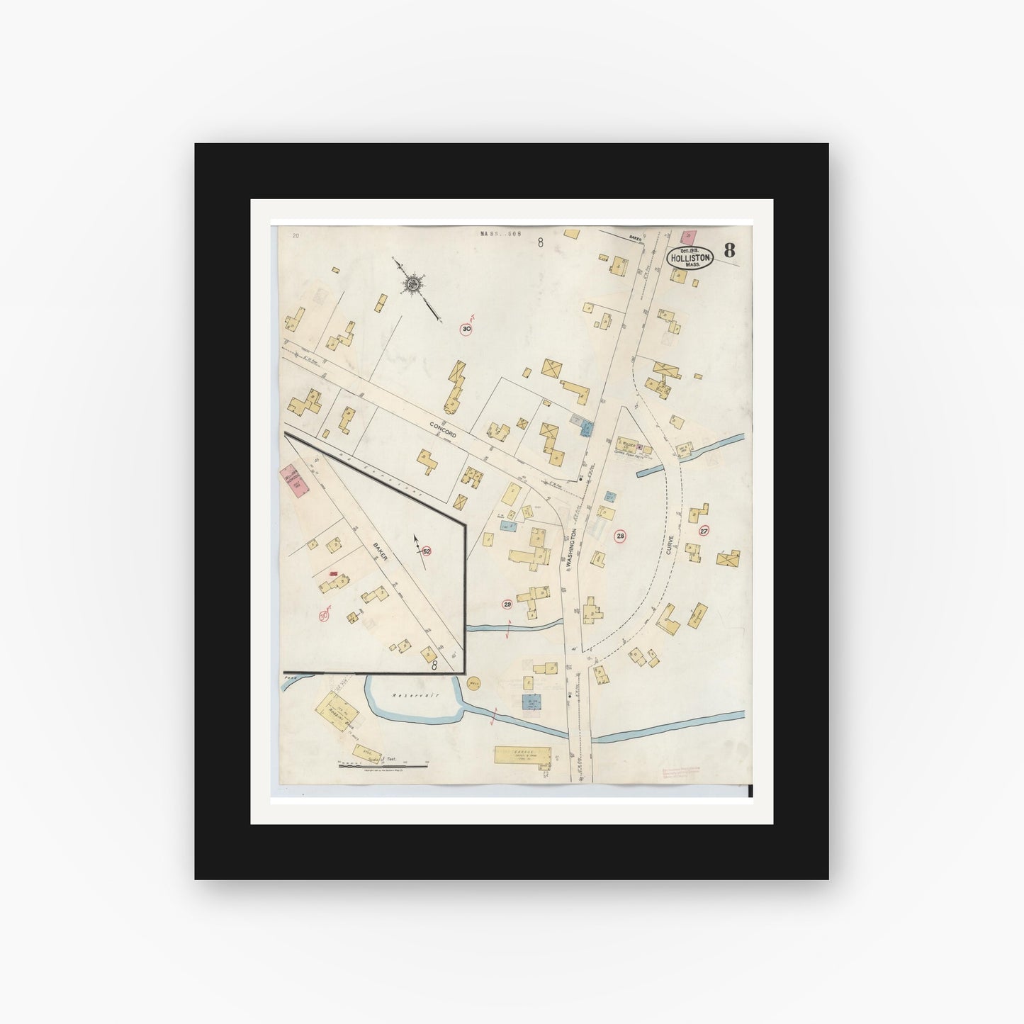 Old map wall art mockup — black gallery frame with white mat — Sanborn Fire Insurance Map from Holliston, Middlesex County, Massachusetts (1942), Sheet #0008