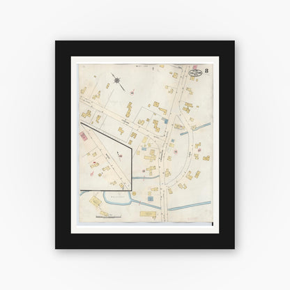Old map wall art mockup — black gallery frame with white mat — Sanborn Fire Insurance Map from Holliston, Middlesex County, Massachusetts (1942), Sheet #0008