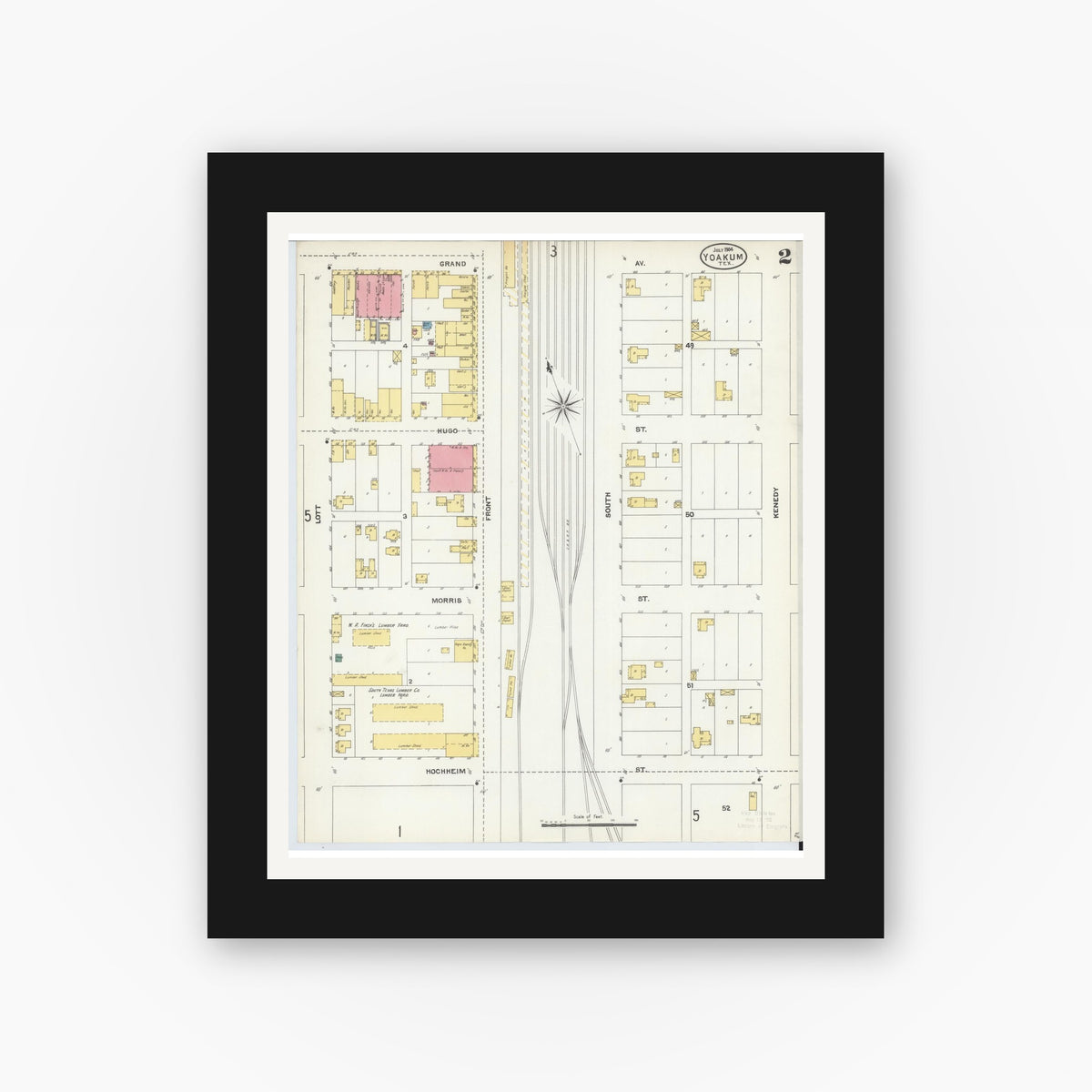 Old map wall art mockup — black gallery frame with white mat — Sanborn Fire Insurance Map from Yoakum, De Witt And Lavaca Counties, Texas (1904), Sheet #0002