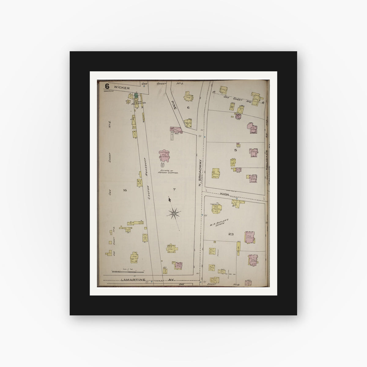 Old map wall art mockup — black gallery frame with white mat — Sanborn Fire Insurance Map from Yonkers, Westchester County, New York (1886), Sheet #0006