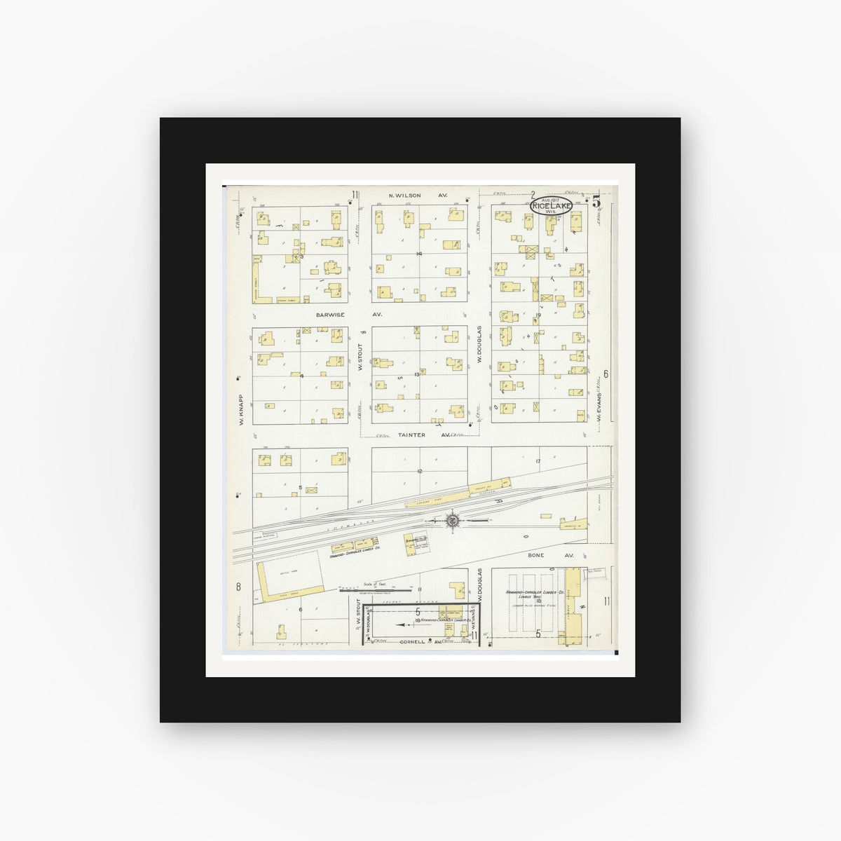 Old map wall art mockup — black gallery frame with white mat — Sanborn Fire Insurance Map from Rice Lake, Barron County, Wisconsin (1917), Sheet #0005