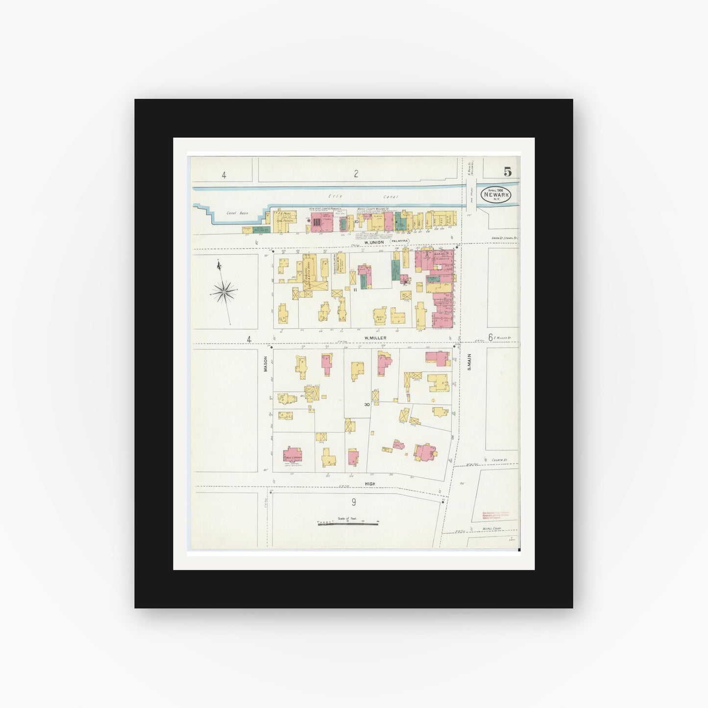 Old map wall art mockup — black gallery frame with white mat — Sanborn Fire Insurance Map from Newark, Wayne County, New York (1906), Sheet #0005