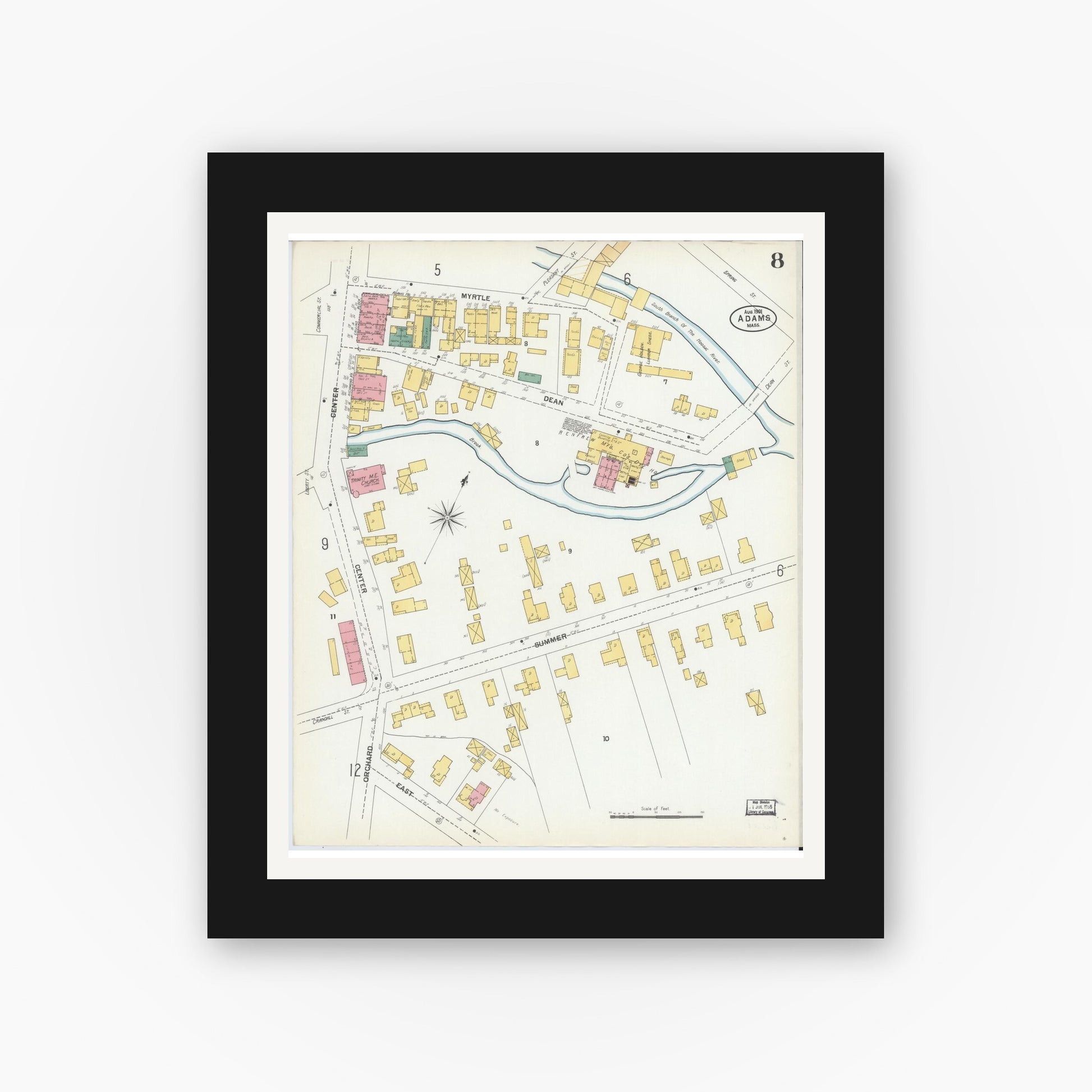 Old map wall art mockup — black gallery frame with white mat — Sanborn Fire Insurance Map from Adams, Berkshire County, Massachusetts (1901), Sheet #0008
