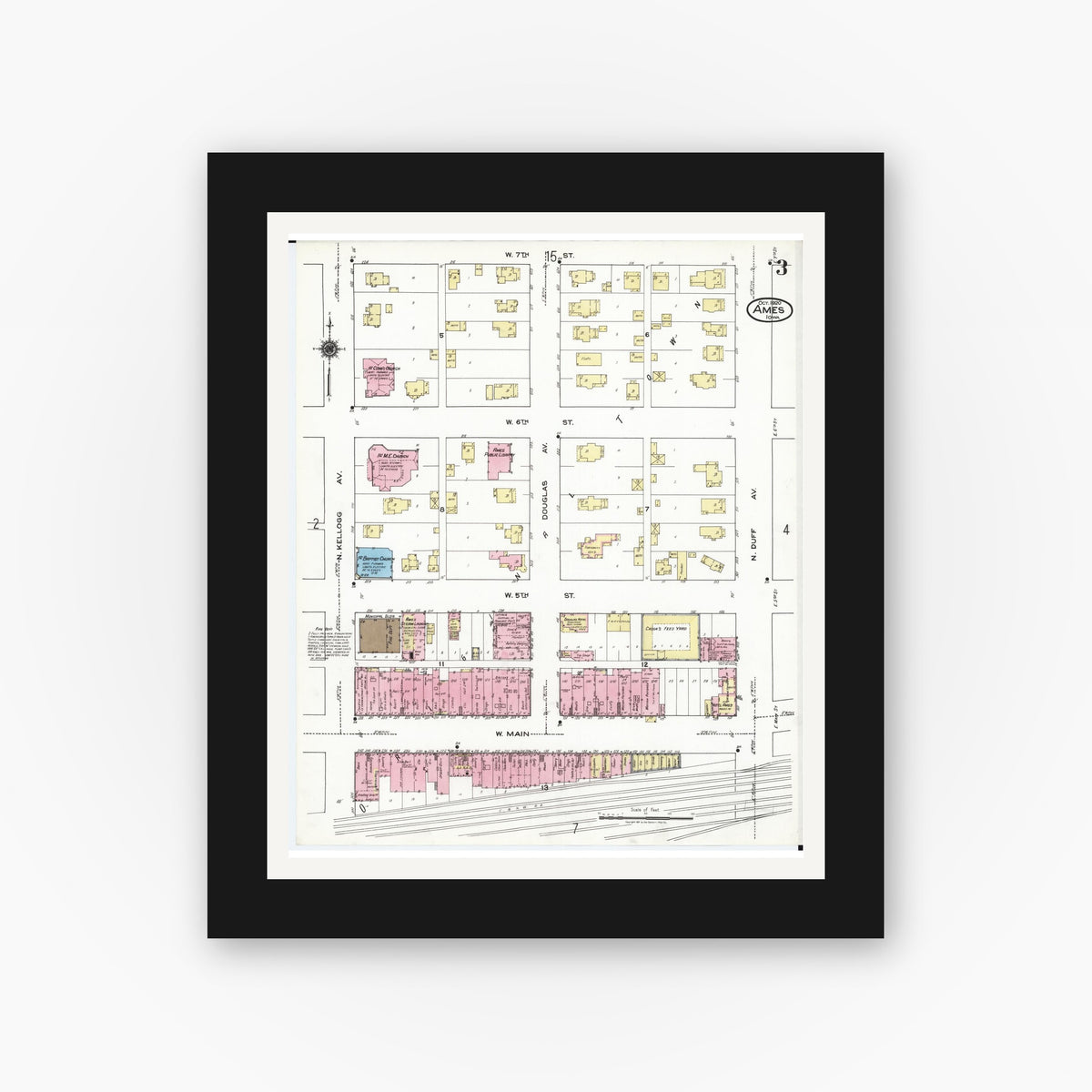 Old map wall art mockup — black gallery frame with white mat — Sanborn Fire Insurance Map from Ames, Story County, Iowa (1920), Sheet #0003