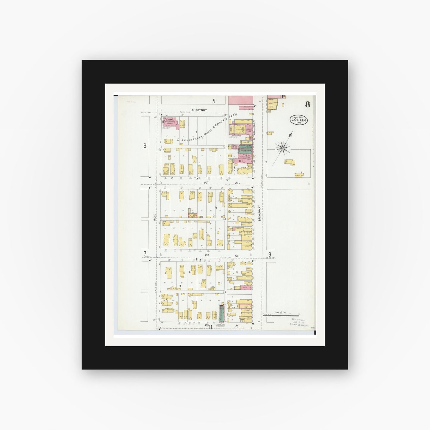 Old map wall art mockup — black gallery frame with white mat — Sanborn Fire Insurance Map from Lorain, Lorain County, Ohio (1905), Sheet #0008