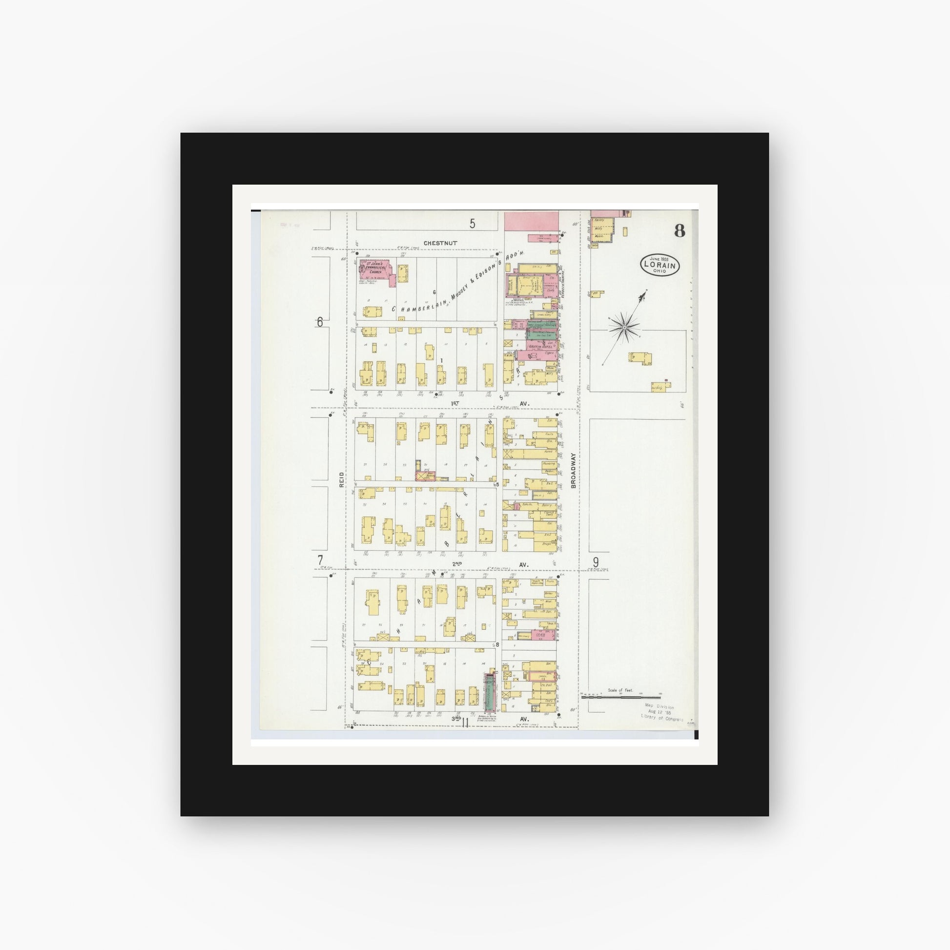 Old map wall art mockup — black gallery frame with white mat — Sanborn Fire Insurance Map from Lorain, Lorain County, Ohio (1905), Sheet #0008