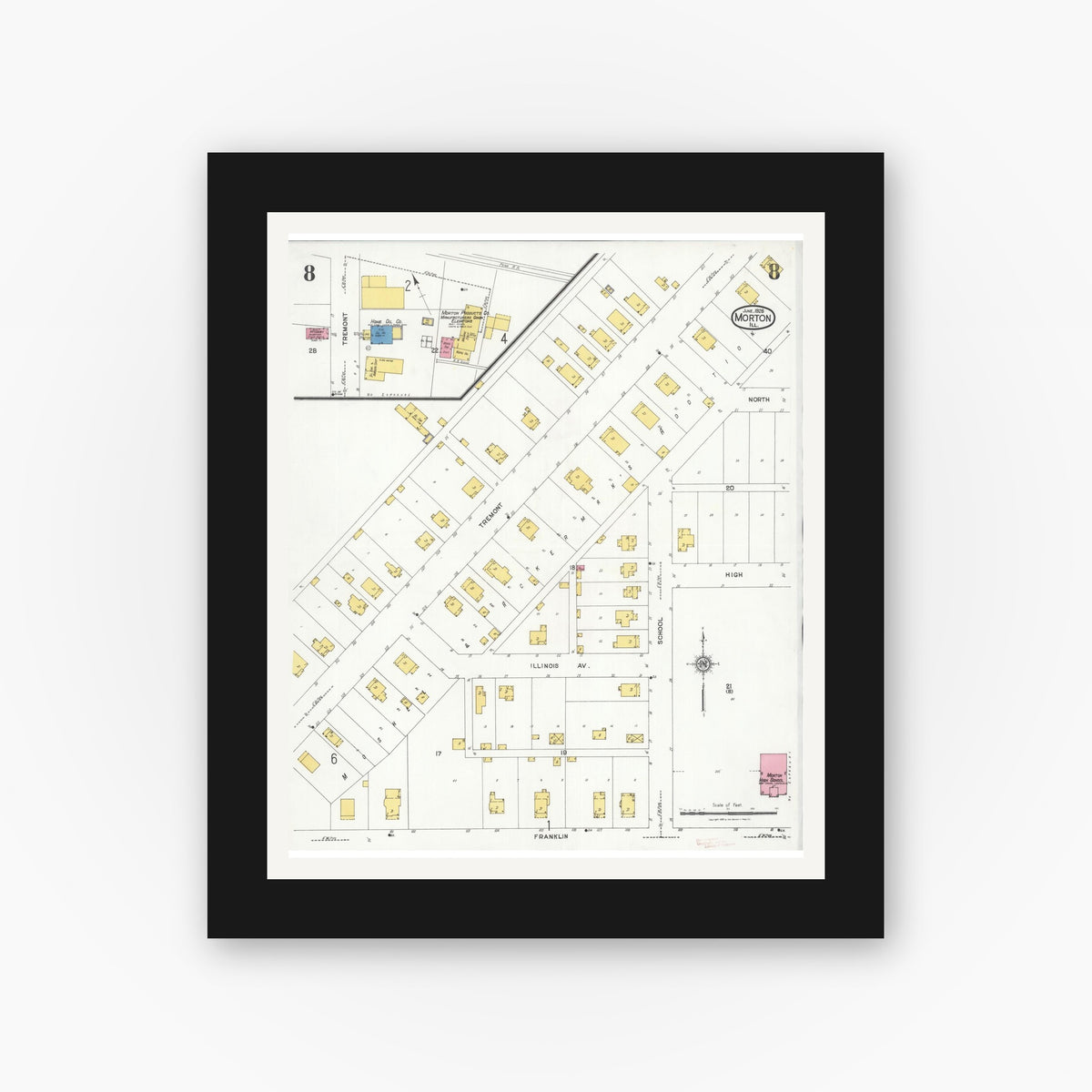 Old map wall art mockup — black gallery frame with white mat — Sanborn Fire Insurance Map from Morton, Tazewell County, Illinois (1926), Sheet #0008