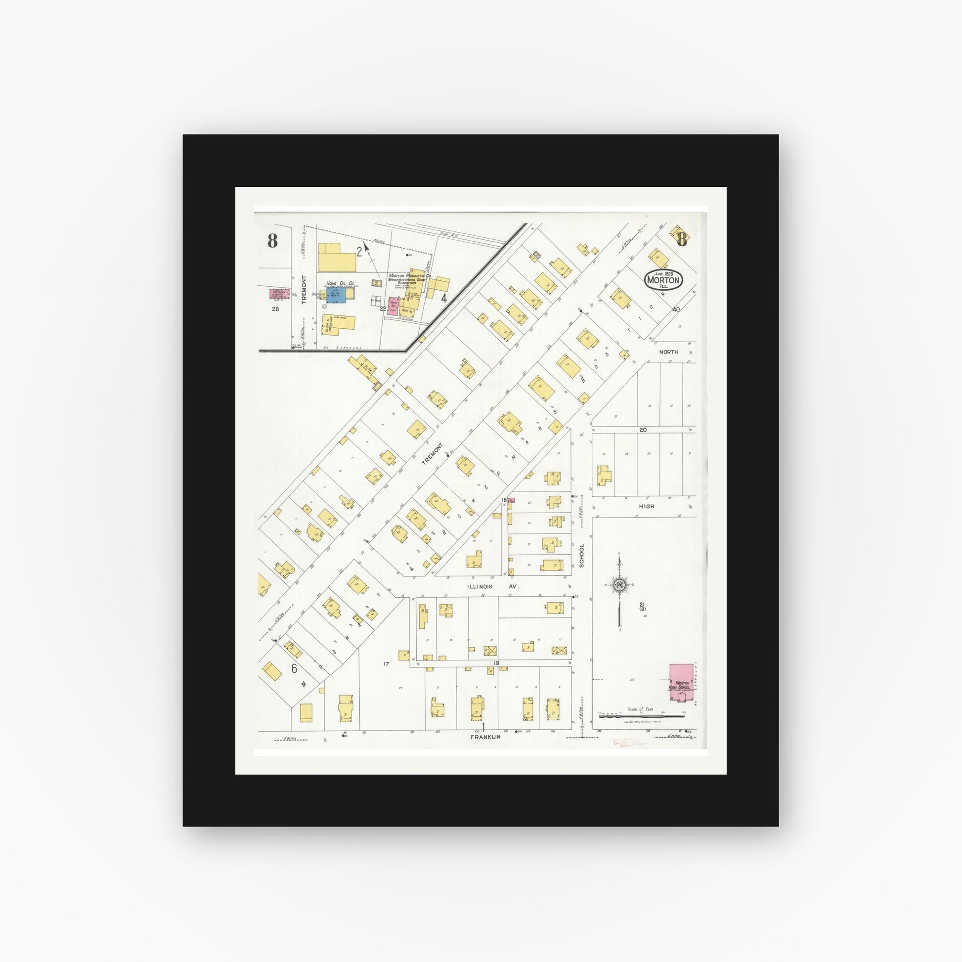 Old map wall art mockup — black gallery frame with white mat — Sanborn Fire Insurance Map from Morton, Tazewell County, Illinois (1926), Sheet #0008