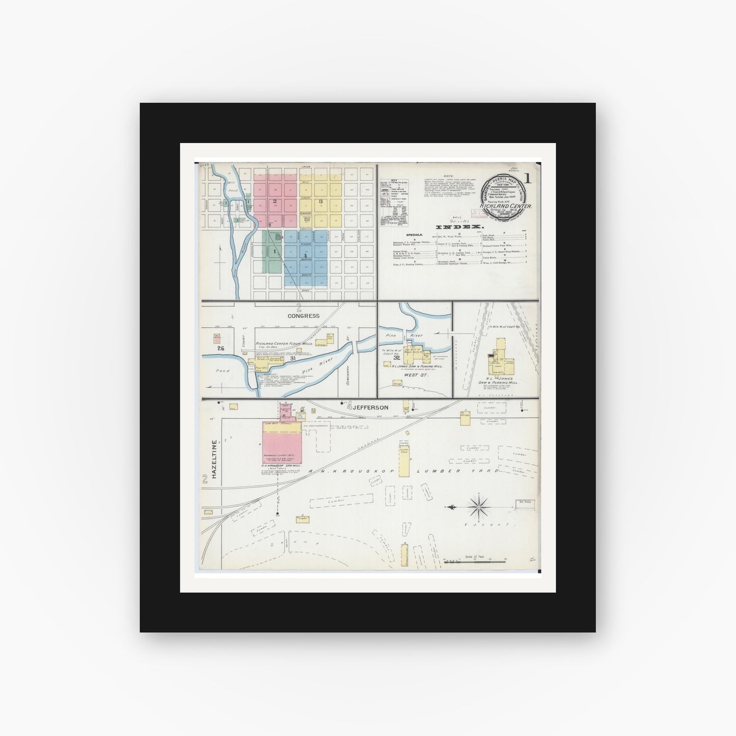 Old map wall art mockup — black gallery frame with white mat — Sanborn Fire Insurance Map from Richland Center, Richland County, Wisconsin (1892) - Complete Map Set