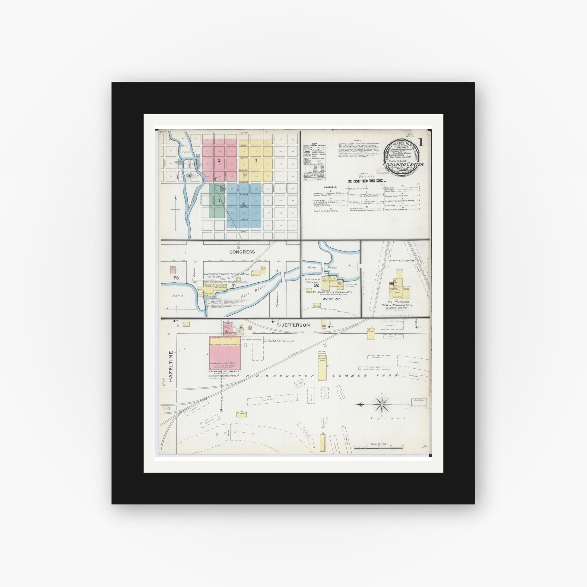 Old map wall art mockup — black gallery frame with white mat — Sanborn Fire Insurance Map from Richland Center, Richland County, Wisconsin (1892) - Complete Map Set