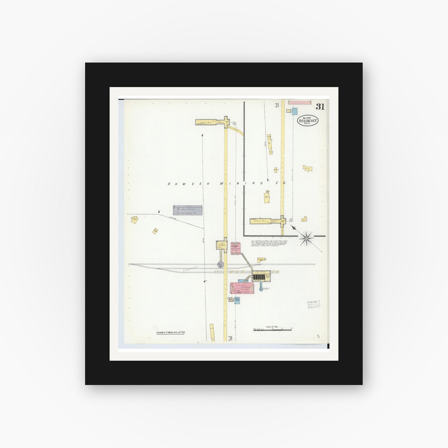 Old map wall art mockup — black gallery frame with white mat — Sanborn Fire Insurance Map from Red Jacket, Houghton County, Michigan (1908), Sheet #0031