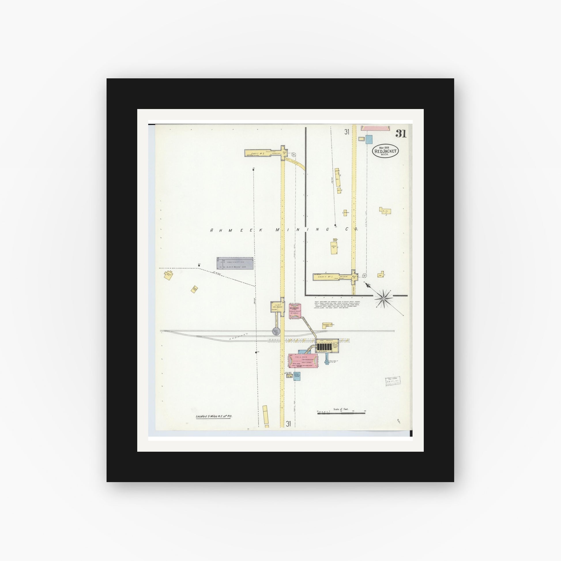 Old map wall art mockup — black gallery frame with white mat — Sanborn Fire Insurance Map from Red Jacket, Houghton County, Michigan (1908), Sheet #0031