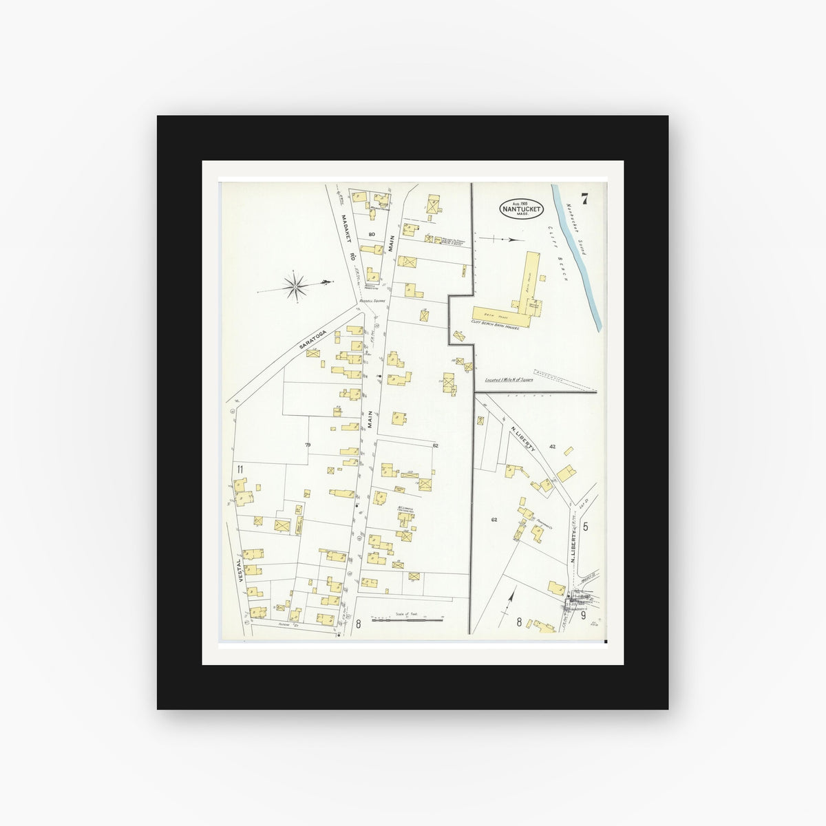 Old map wall art mockup — black gallery frame with white mat — Sanborn Fire Insurance Map from Nantucket, Nantucket County, Massachusetts (1909), Sheet #0007