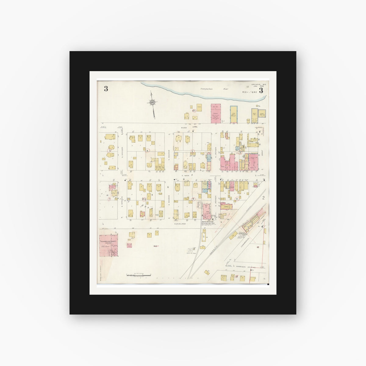 Old map wall art mockup — black gallery frame with white mat — Sanborn Fire Insurance Map from Arcadia, Trempealeau County, Wisconsin (1943), Sheet #0003