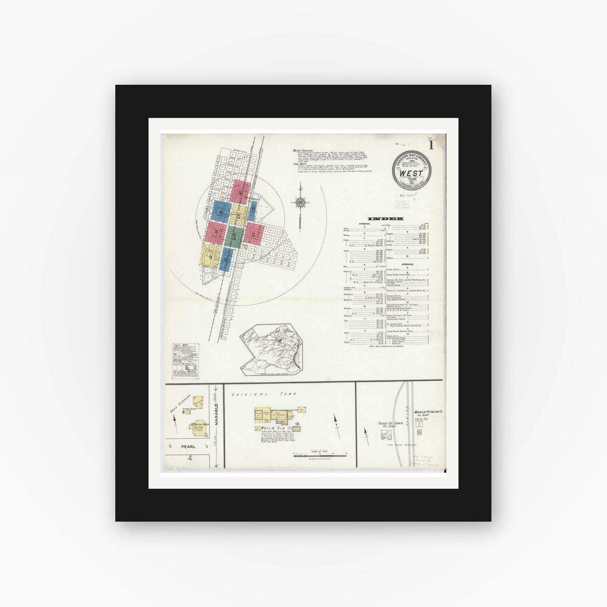 Old map wall art mockup — black gallery frame with white mat — Sanborn Fire Insurance Map from West, McLennan County, Texas (1921) - Complete Map Set