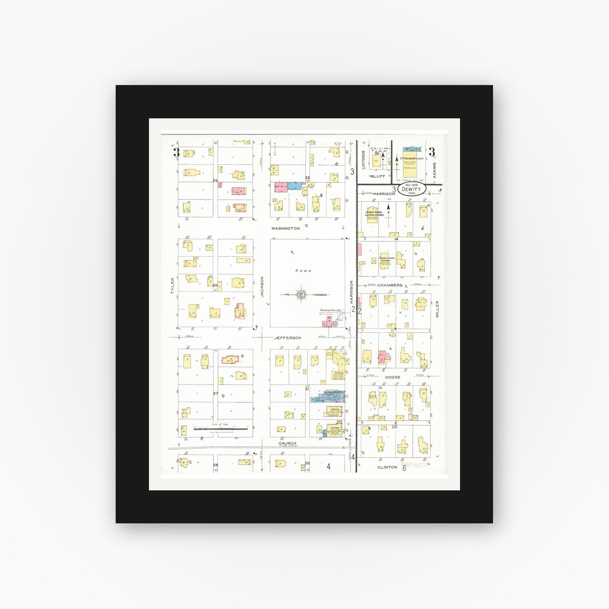 Old map wall art mockup — black gallery frame with white mat — Sanborn Fire Insurance Map from De Witt, Clinton County, Iowa (1926), Sheet #0003