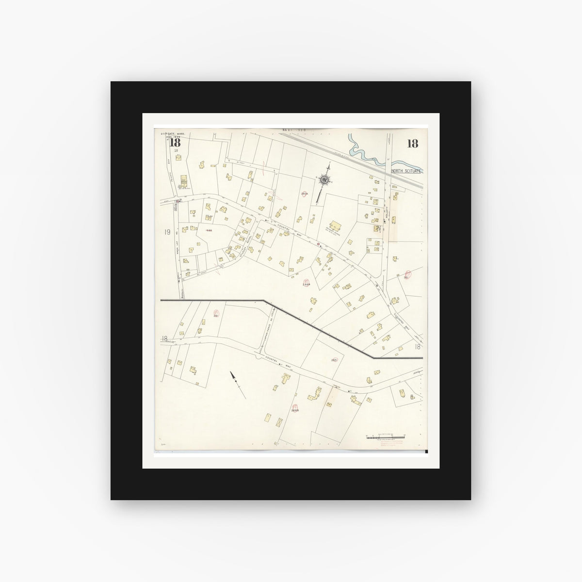 Old map wall art mockup — black gallery frame with white mat — Sanborn Fire Insurance Map from Scituate, Plymouth County, Massachusetts (1944), Sheet #0018