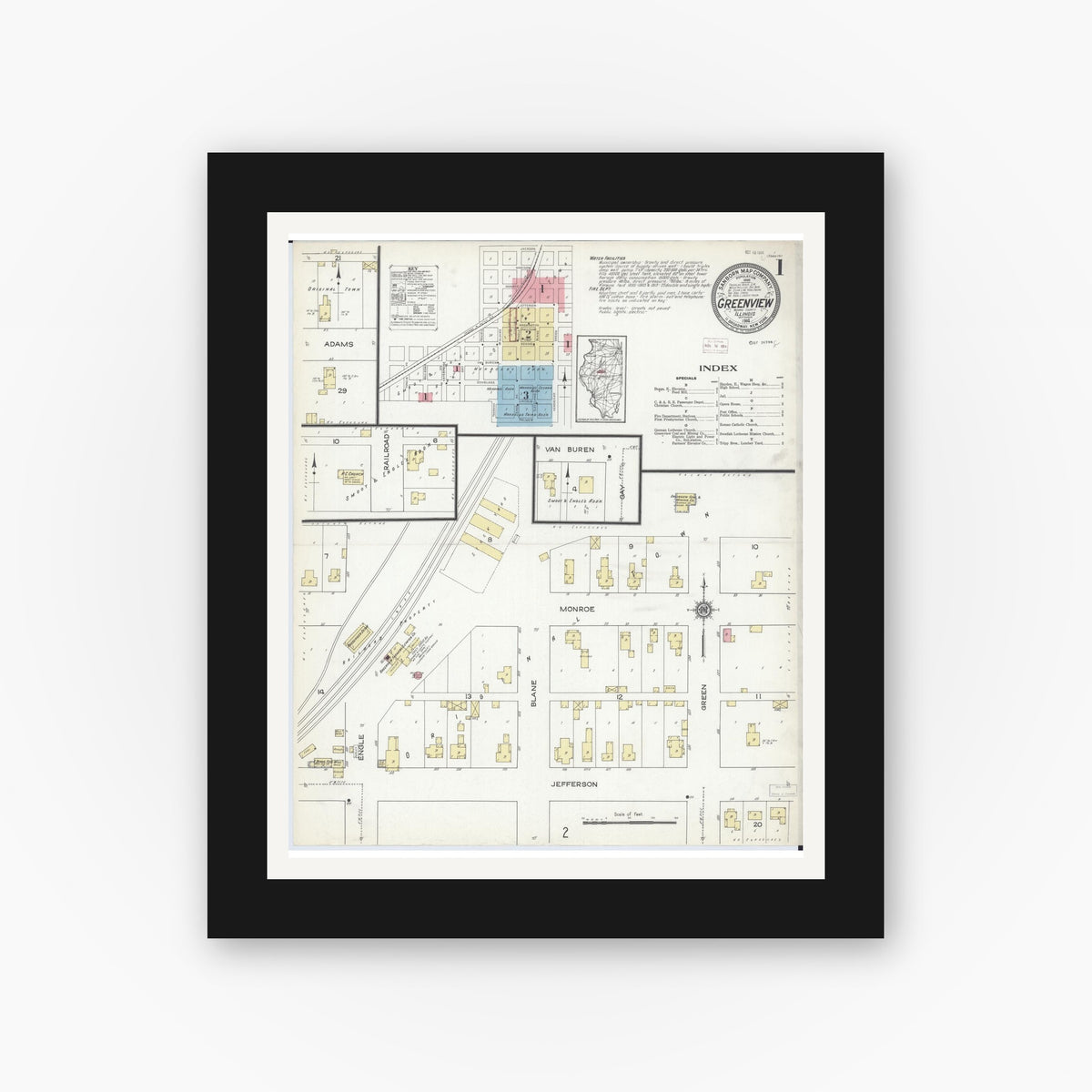 Old map wall art mockup — black gallery frame with white mat — Sanborn Fire Insurance Map from Greenview, Menard County, Illinois (1914) - Complete Map Set