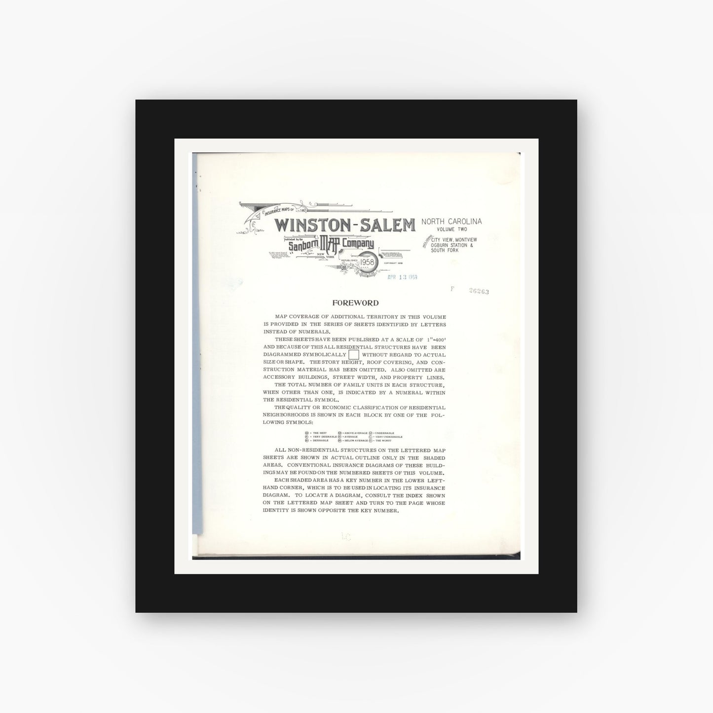 Old map wall art mockup — black gallery frame with white mat — Sanborn Fire Insurance Map from Winston-salem, Forsyth County, North Carolina (1958), Sheet #0001
