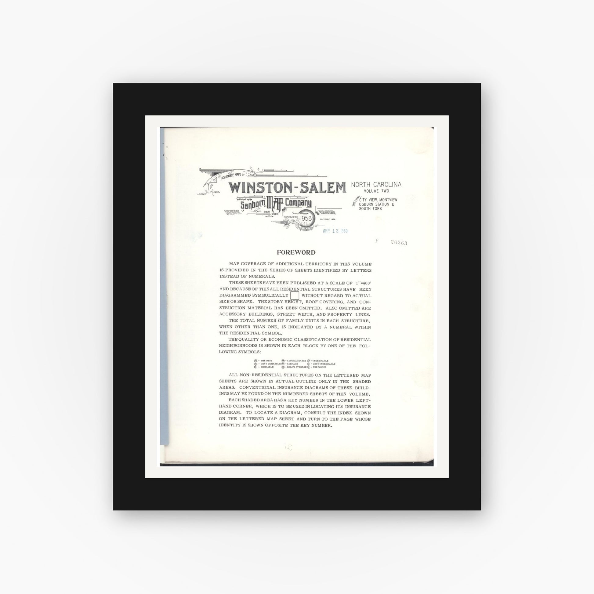 Old map wall art mockup — black gallery frame with white mat — Sanborn Fire Insurance Map from Winston-salem, Forsyth County, North Carolina (1958), Sheet #0001