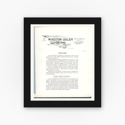 Old map wall art mockup — black gallery frame with white mat — Sanborn Fire Insurance Map from Winston-salem, Forsyth County, North Carolina (1958), Sheet #0001
