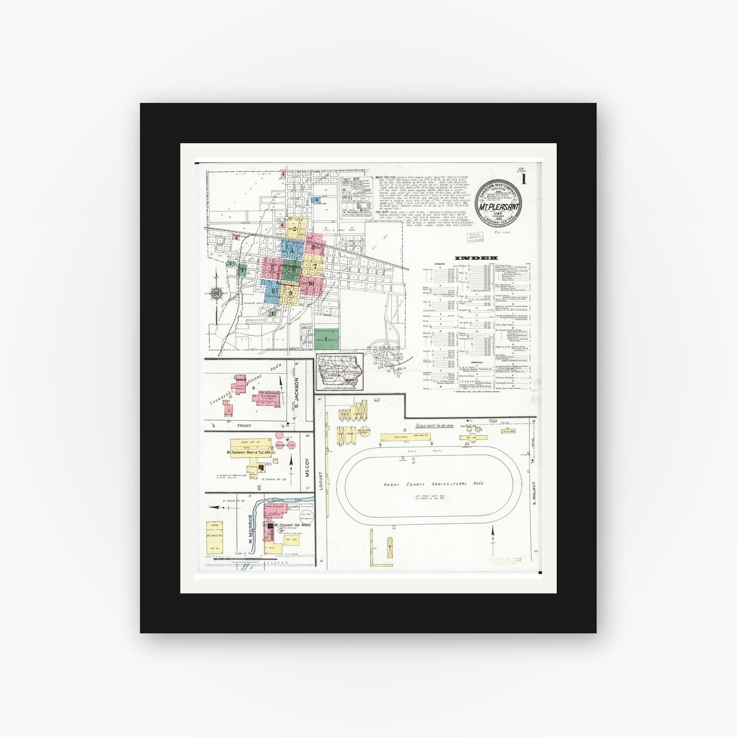 Old map wall art mockup — black gallery frame with white mat — Sanborn Fire Insurance Map from Mount Pleasant, Henry County, Iowa (1920) â€” Complete Set