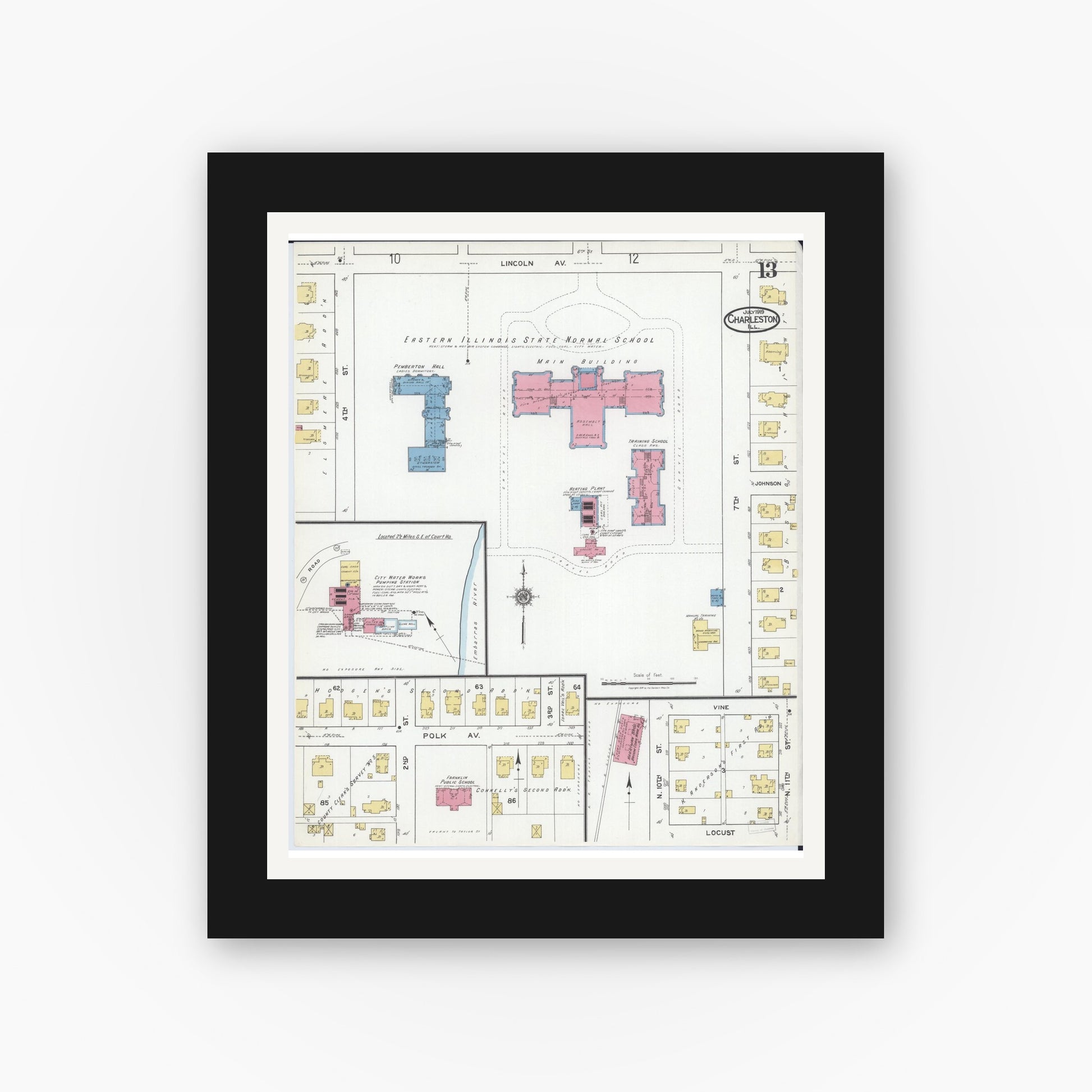 Old map wall art mockup — black gallery frame with white mat — Sanborn Fire Insurance Map from Charleston, Coles County, Illinois (1919), Sheet #0013