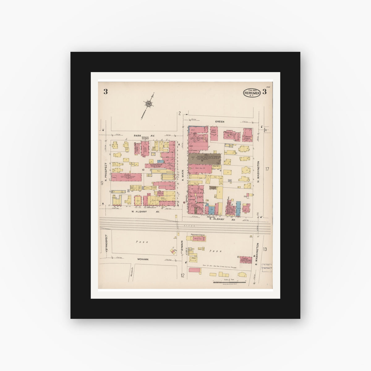 Old map wall art mockup — black gallery frame with white mat — Sanborn Fire Insurance Map from Herkimer, Herkimer County, New York (1923), Sheet #0003