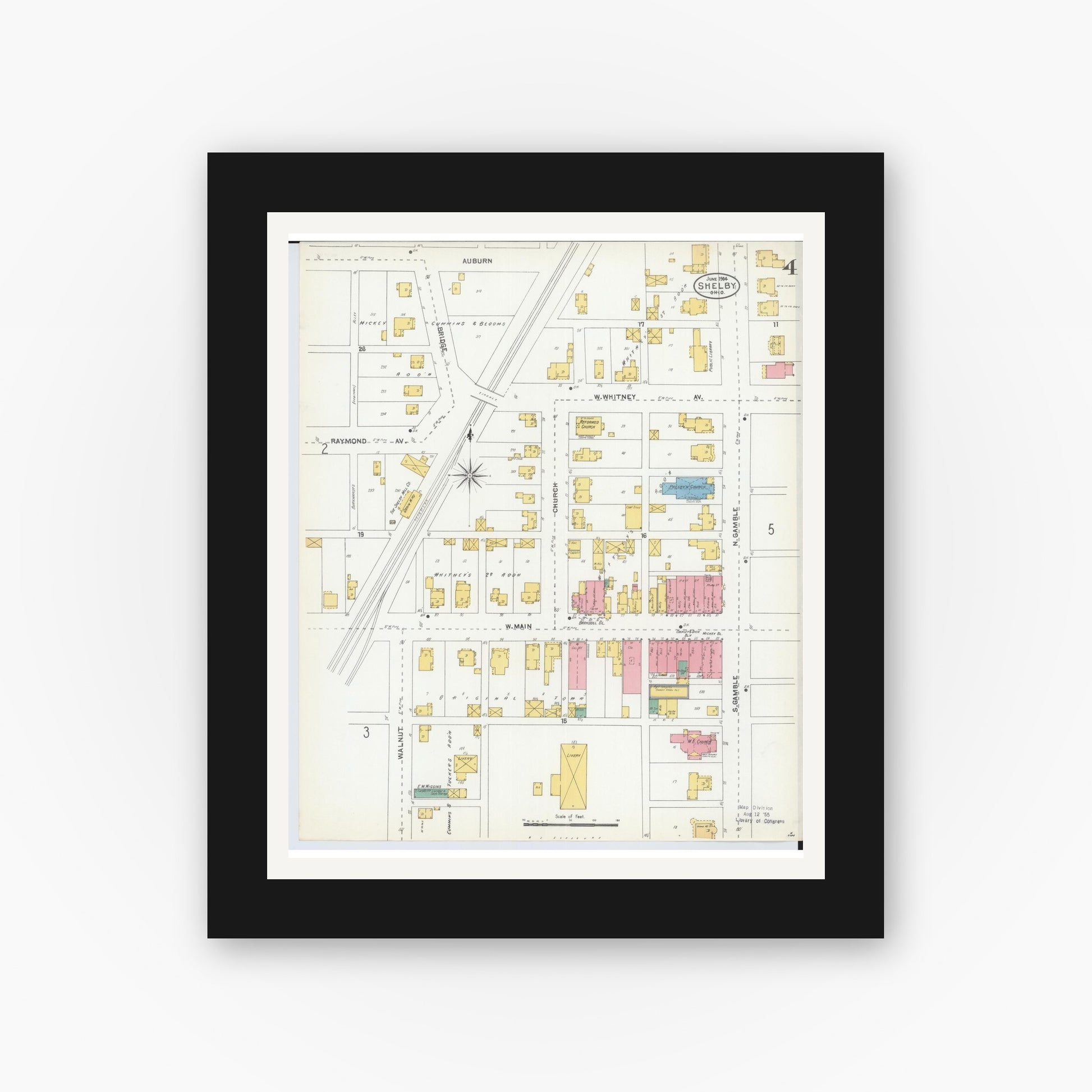 Old map wall art mockup — black gallery frame with white mat — Sanborn Fire Insurance Map from Shelby, Richland County, Ohio (1904), Sheet #0004