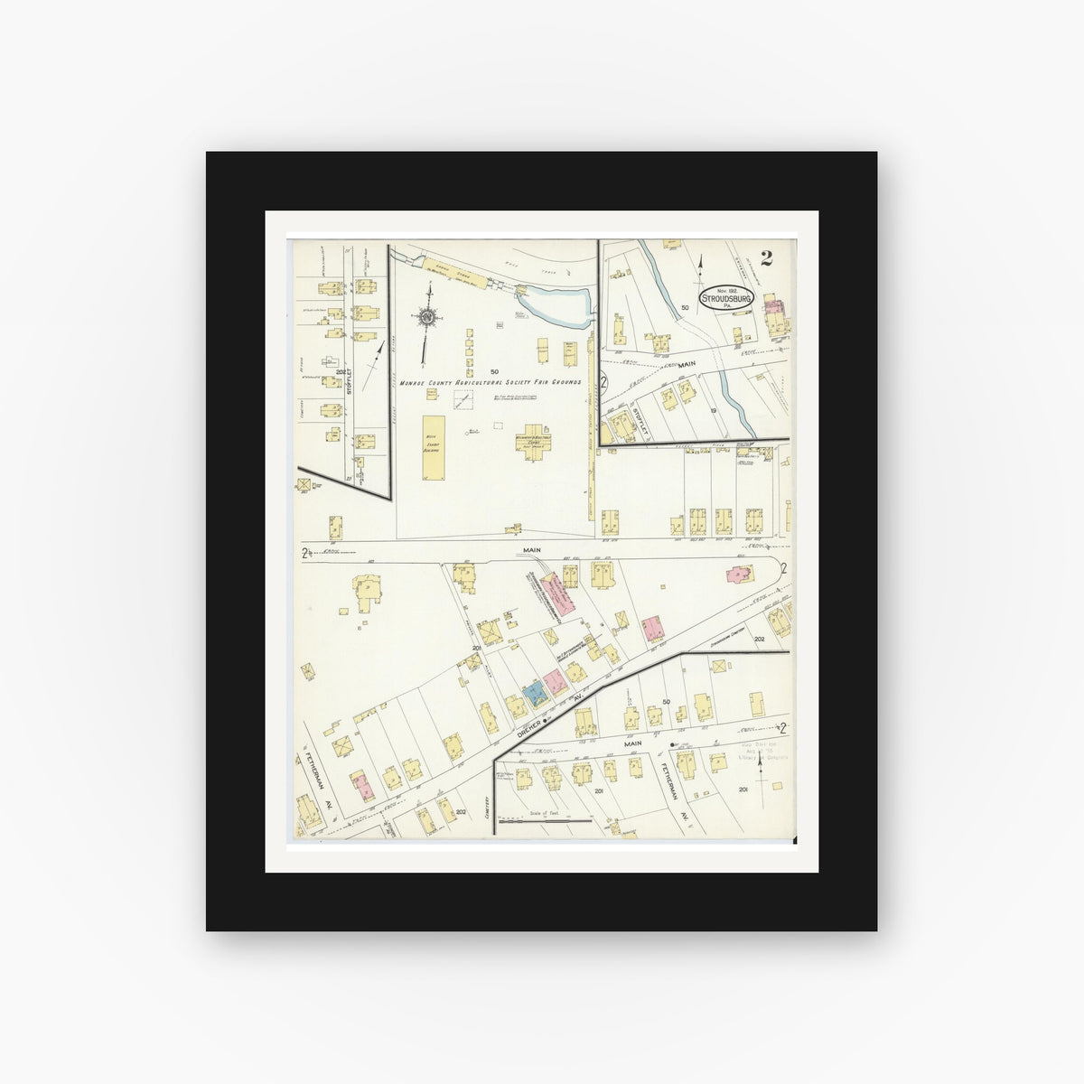Old map wall art mockup — black gallery frame with white mat — Sanborn Fire Insurance Map from Stroudsburg, Monroe County, Pennsylvania (1912), Sheet #0002