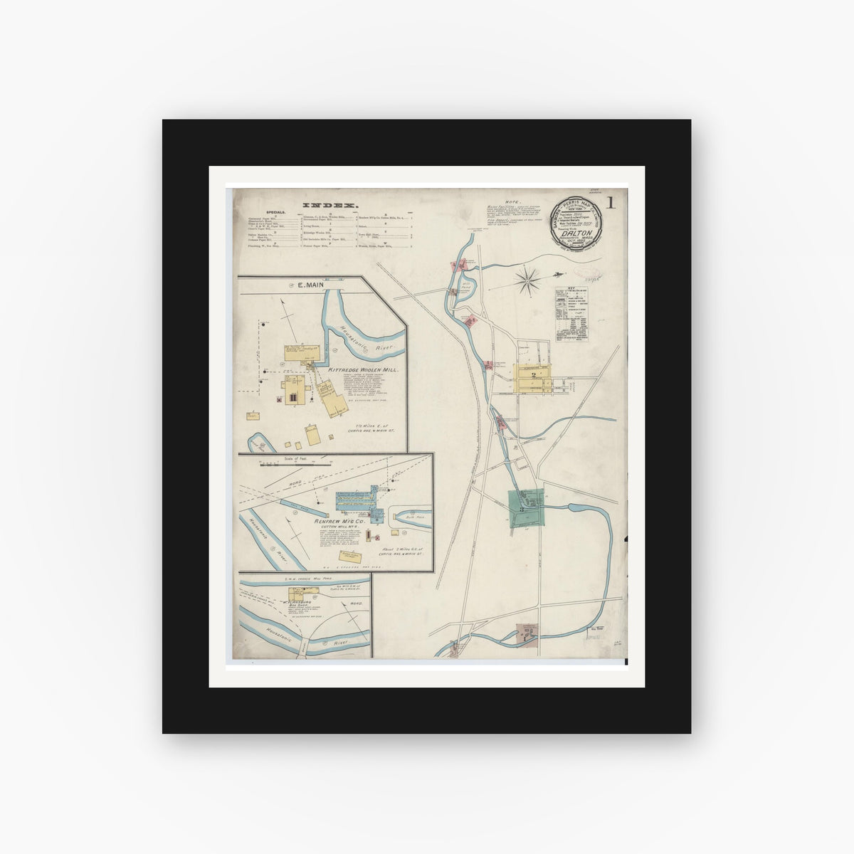 Old map wall art mockup — black gallery frame with white mat — Sanborn Fire Insurance Map from Dalton, Berkshire County, Massachusetts (1892) - Complete Map Set