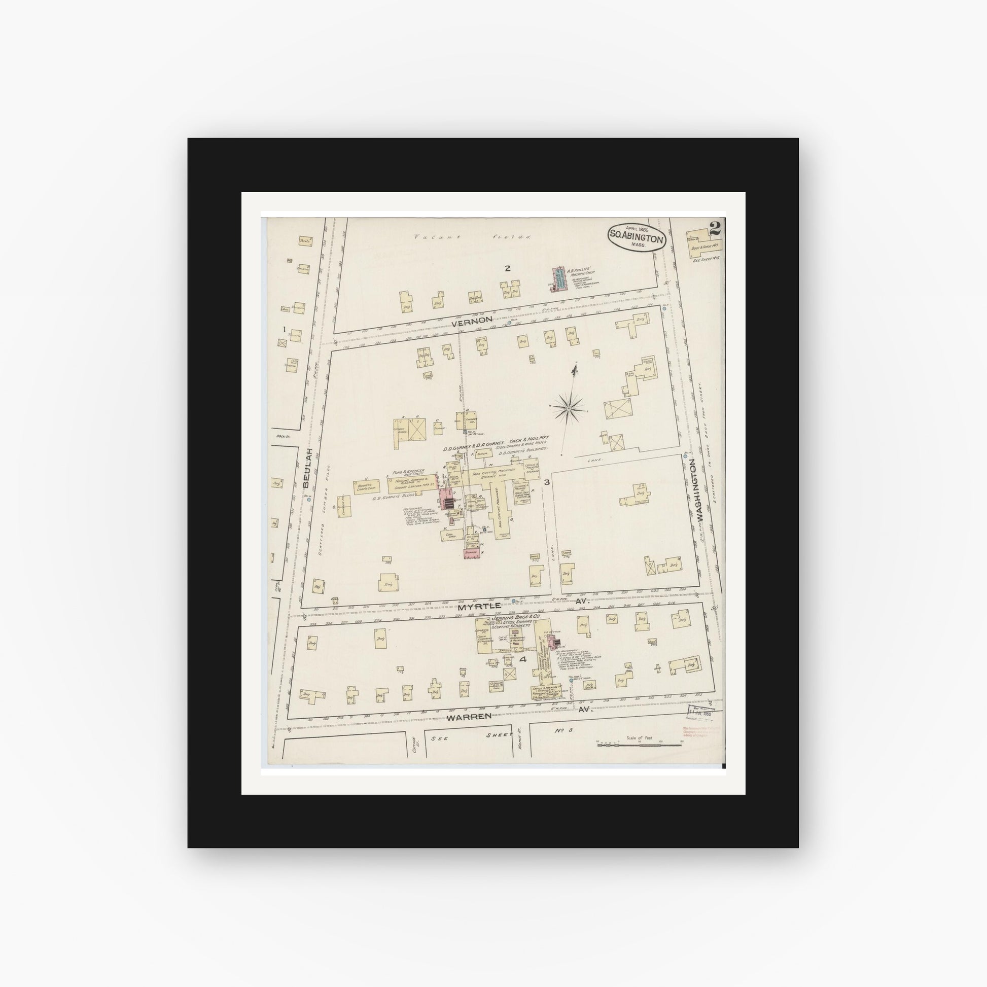 Old map wall art mockup — black gallery frame with white mat — Sanborn Fire Insurance Map from South Abington, Plymouth County, Massachusetts (1885), Sheet #0002
