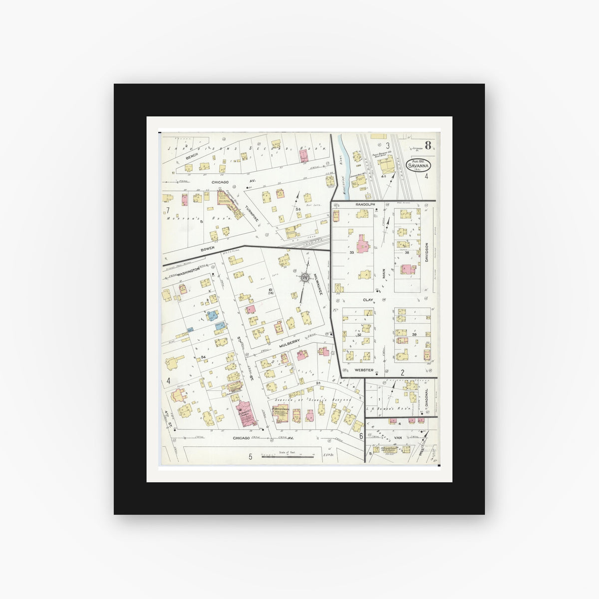 Old map wall art mockup — black gallery frame with white mat — Sanborn Fire Insurance Map from Savanna, Carroll County, Illinois (1912), Sheet #0008