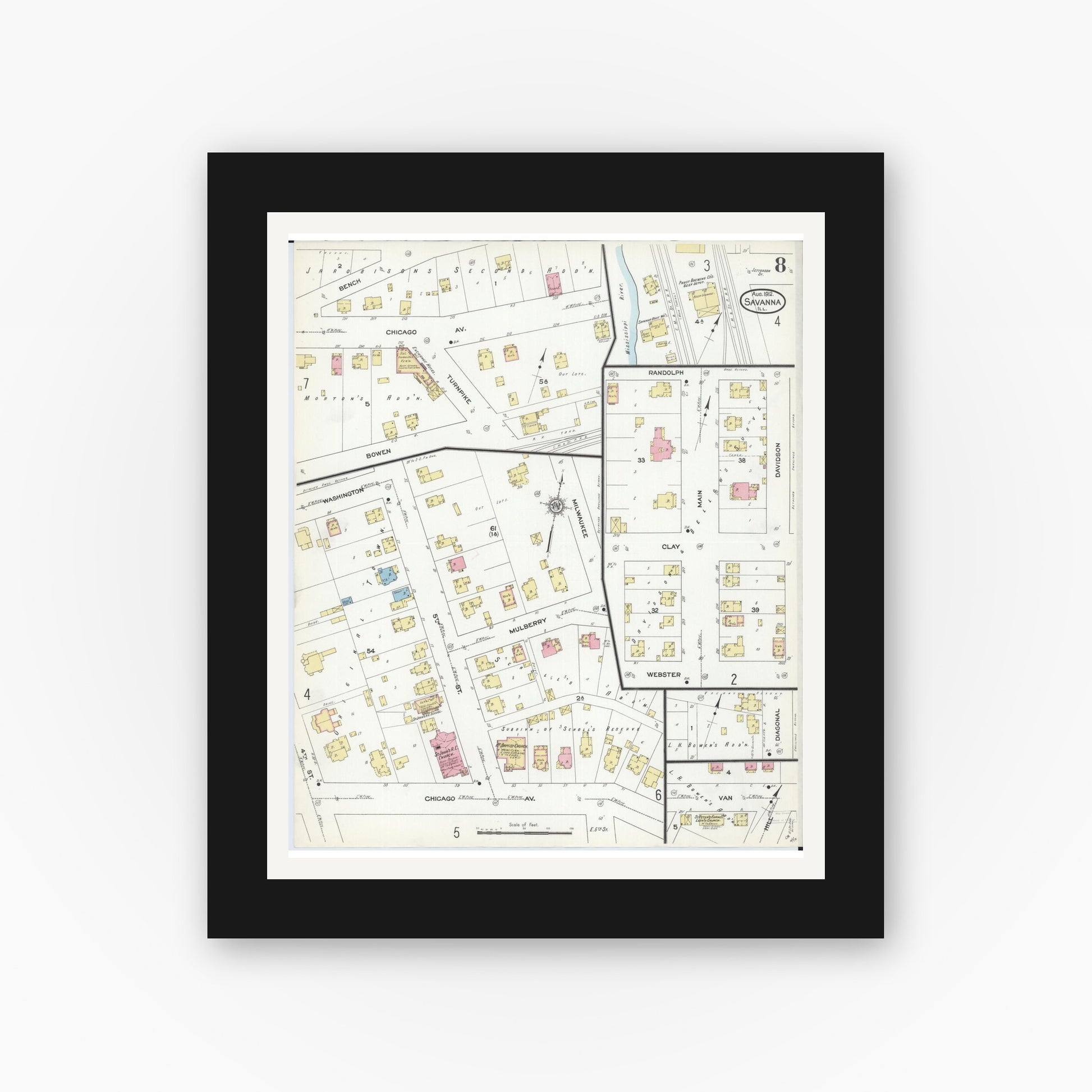 Old map wall art mockup — black gallery frame with white mat — Sanborn Fire Insurance Map from Savanna, Carroll County, Illinois (1912), Sheet #0008