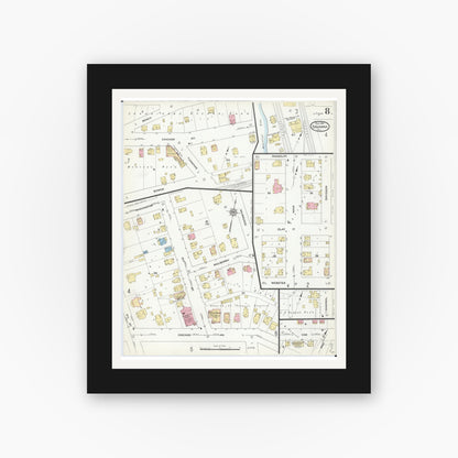 Old map wall art mockup — black gallery frame with white mat — Sanborn Fire Insurance Map from Savanna, Carroll County, Illinois (1912), Sheet #0008