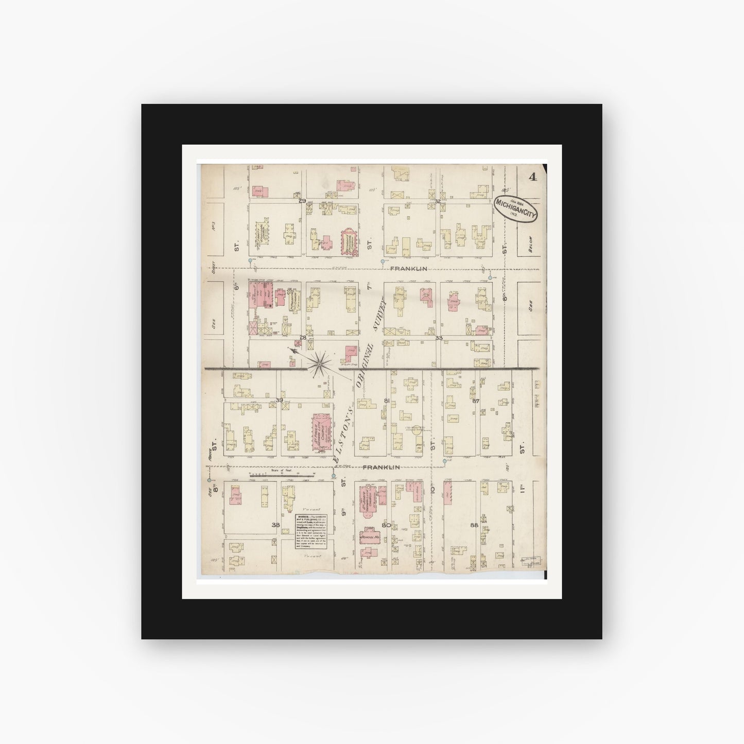 Old map wall art mockup — black gallery frame with white mat — Sanborn Fire Insurance Map from Michigan City, La Porte  County, Indiana (1884), Sheet #0004