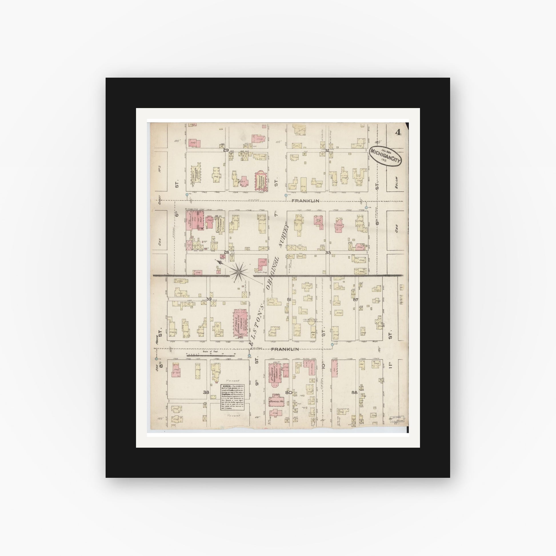Old map wall art mockup — black gallery frame with white mat — Sanborn Fire Insurance Map from Michigan City, La Porte  County, Indiana (1884), Sheet #0004