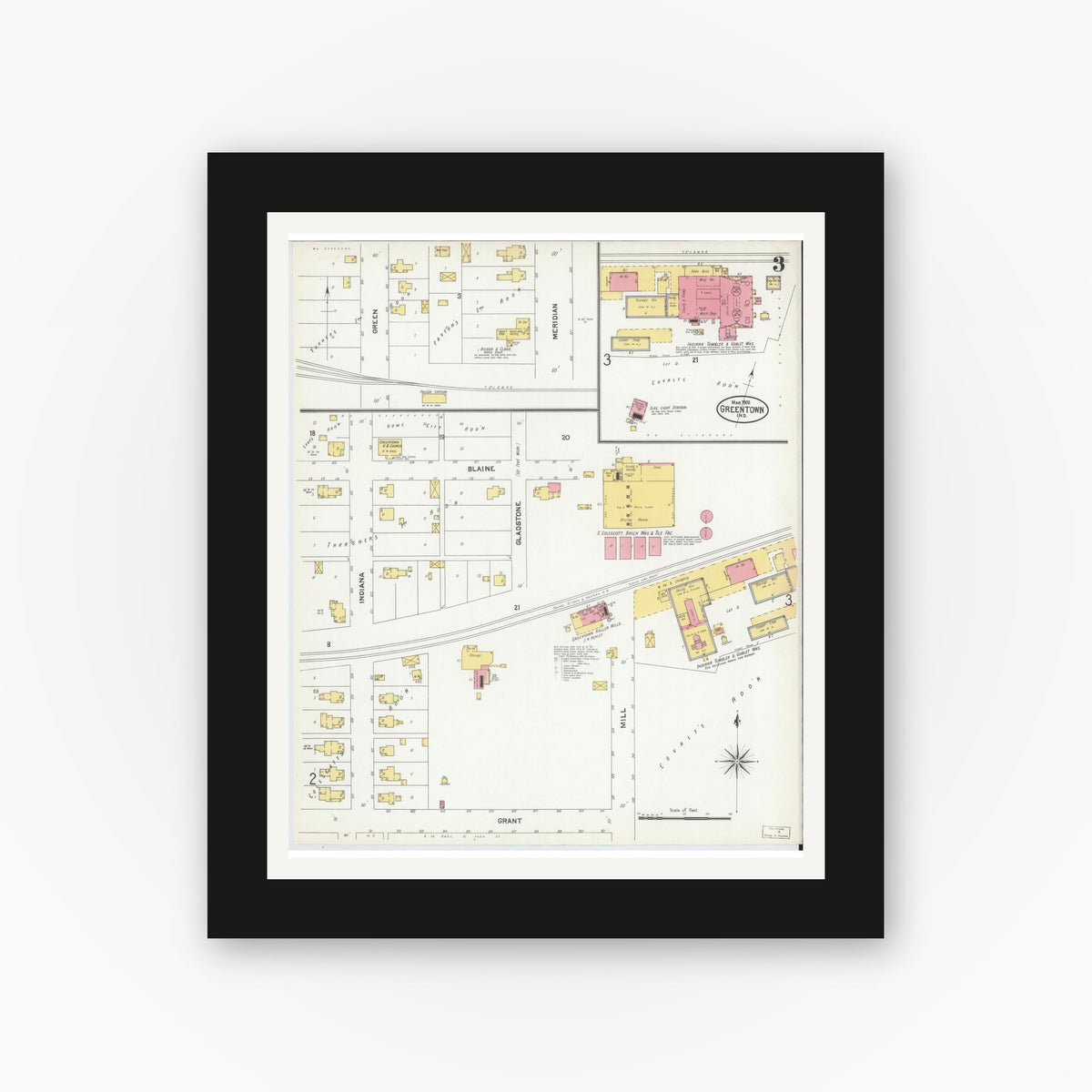 Old map wall art mockup — black gallery frame with white mat — Sanborn Fire Insurance Map from Greentown, Howard County, Indiana (1902), Sheet #0003