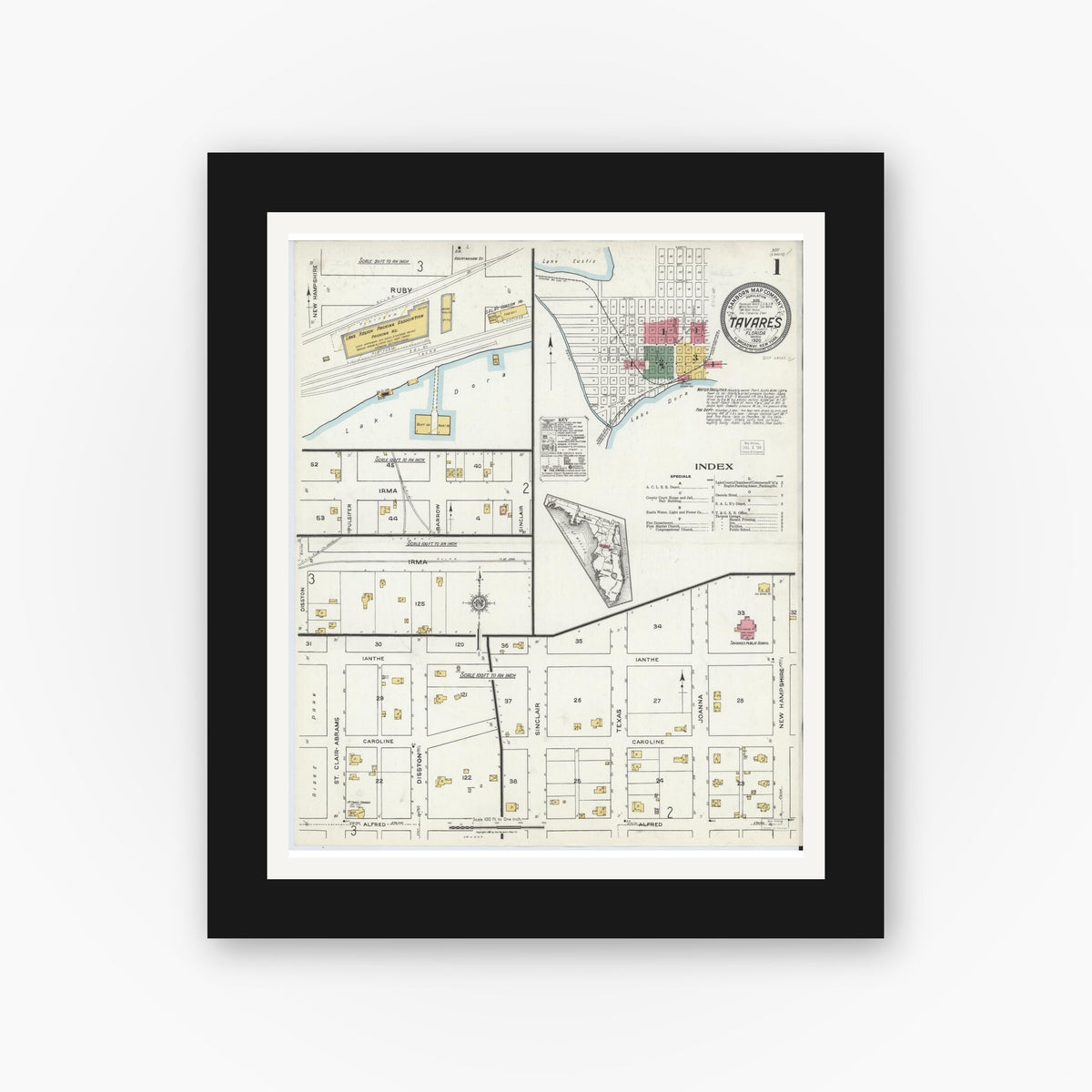 Old map wall art mockup — black gallery frame with white mat — Sanborn Fire Insurance Map from Tavares, Lake County, Florida (1920) - Complete Map Set
