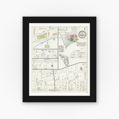 Old map wall art mockup — black gallery frame with white mat — Sanborn Fire Insurance Map from Tavares, Lake County, Florida (1920) - Complete Map Set