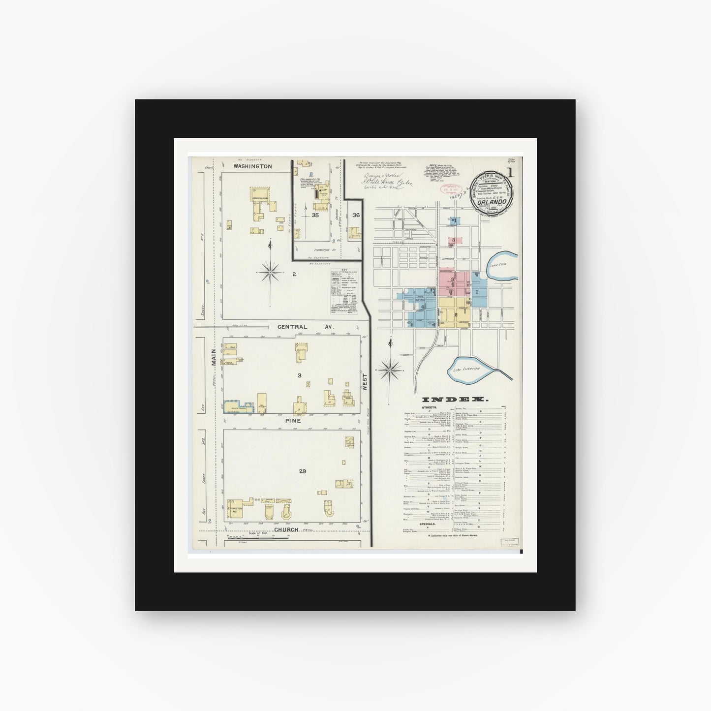 Old map wall art mockup — black gallery frame with white mat — Sanborn Fire Insurance Map from Orlando, Orange County, Florida (1892), Sheet #0001