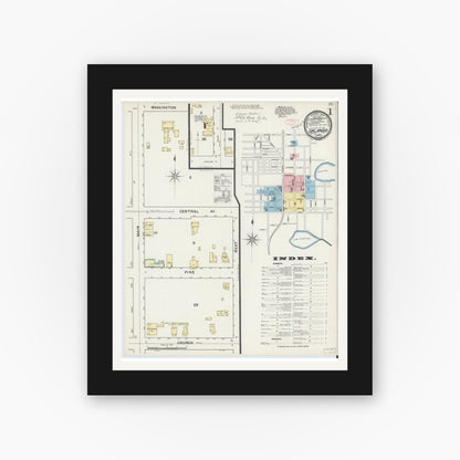 Old map wall art mockup — black gallery frame with white mat — Sanborn Fire Insurance Map from Orlando, Orange County, Florida (1892), Sheet #0001