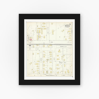Old map wall art mockup — black gallery frame with white mat — Sanborn Fire Insurance Map from Rushville, Schuyler County, Illinois (1913), Sheet #0003