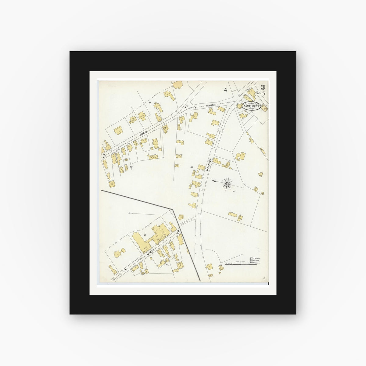 Old map wall art mockup — black gallery frame with white mat — Sanborn Fire Insurance Map from Nantucket, Nantucket County, Massachusetts (1904), Sheet #0003