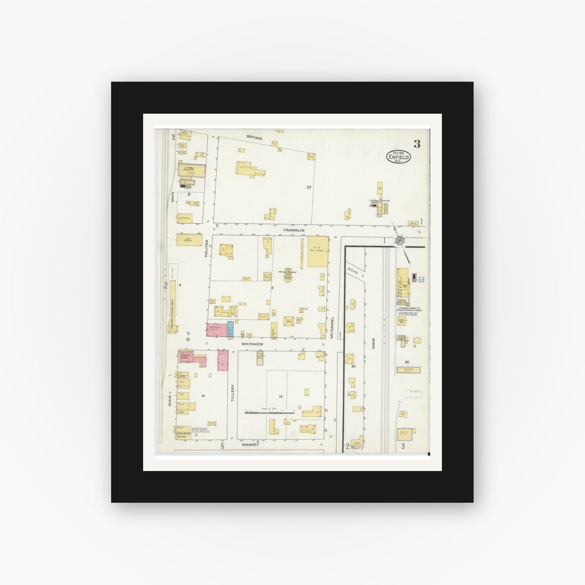 Old map wall art mockup — black gallery frame with white mat — Sanborn Fire Insurance Map from Enfield, Halifax County, North Carolina (1915), Sheet #0003