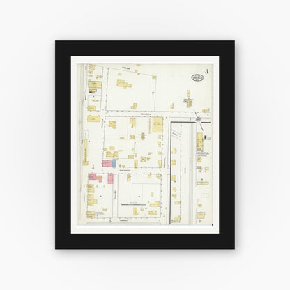 Old map wall art mockup — black gallery frame with white mat — Sanborn Fire Insurance Map from Enfield, Halifax County, North Carolina (1915), Sheet #0003