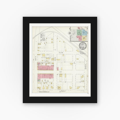 Old map wall art mockup — black gallery frame with white mat — Sanborn Fire Insurance Map from Wolfe City, Hunt County, Texas (1896), Sheet #0001