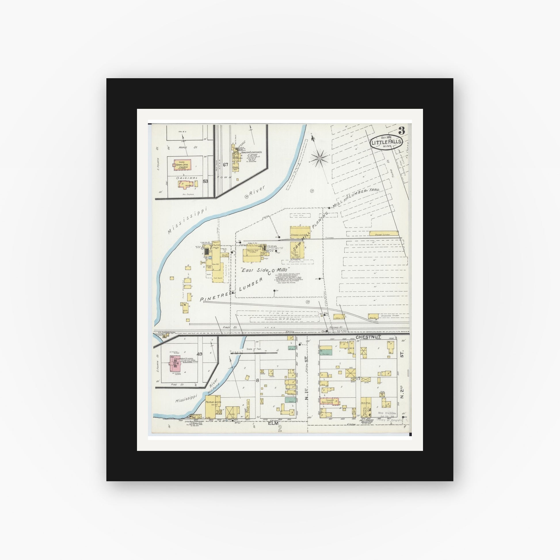 Old map wall art mockup — black gallery frame with white mat — Sanborn Fire Insurance Map from Little Falls, Morrison County, Minnesota (1892), Sheet #0003