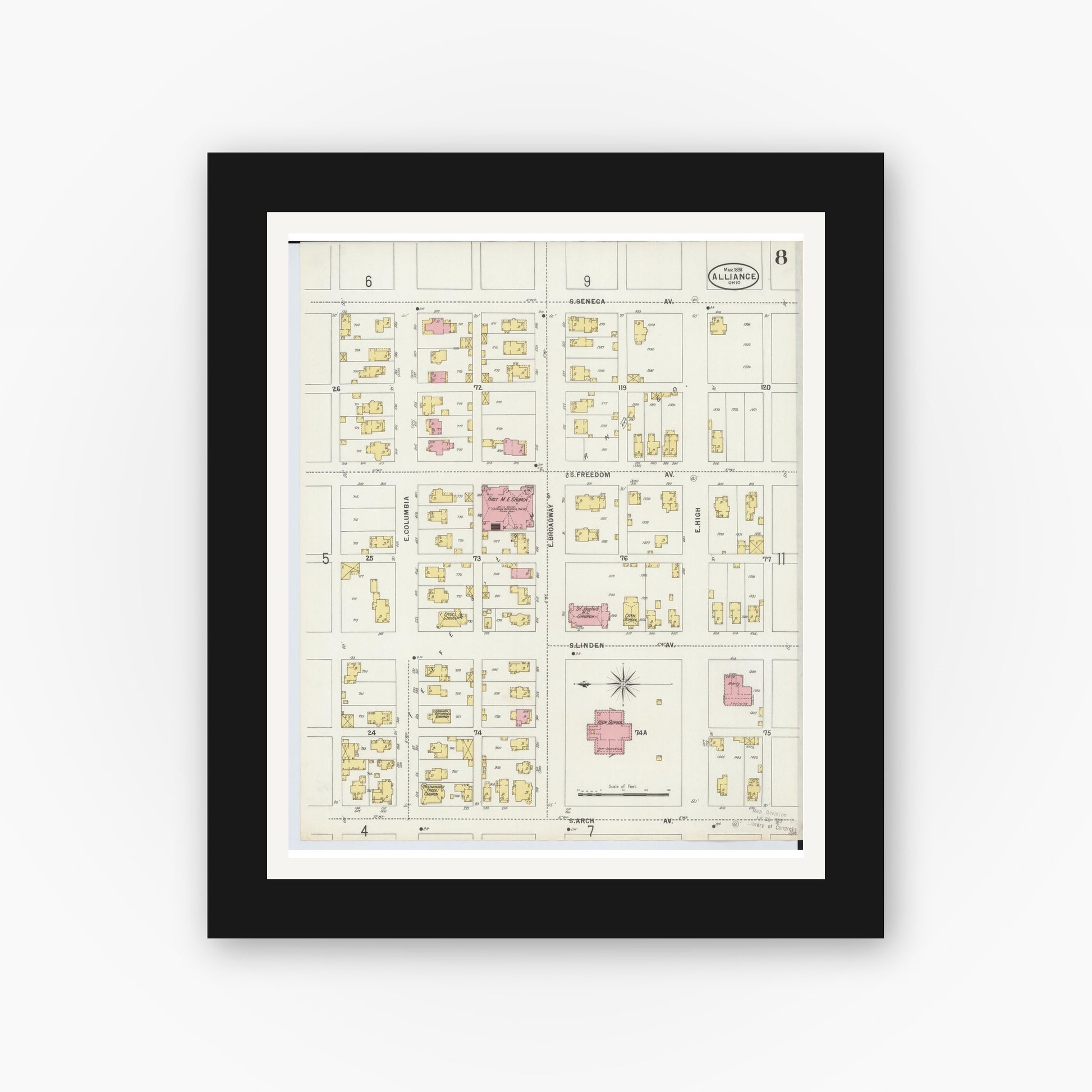 Old map wall art mockup — black gallery frame with white mat — Sanborn Fire Insurance Map from Alliance, Stark County, Ohio (1898), Sheet #0008