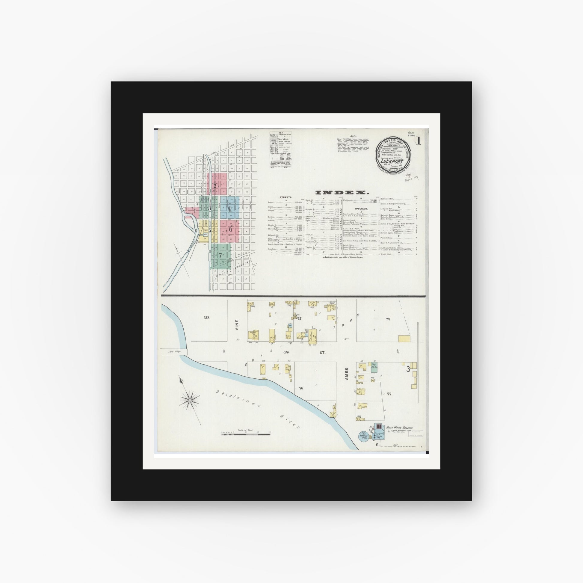 Old map wall art mockup — black gallery frame with white mat — Sanborn Fire Insurance Map from Lockport, Will County, Illinois (1897), Sheet #0001